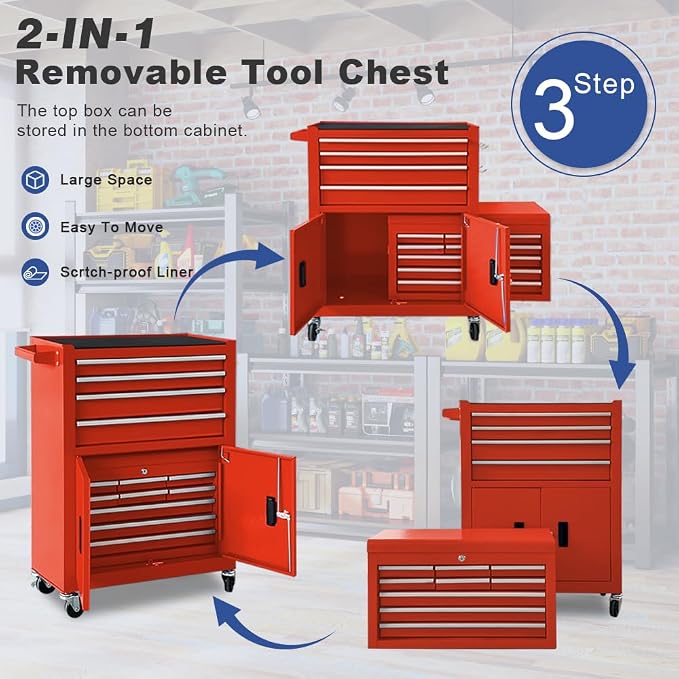Tool Chest 13-Drawer with Double Door Handle, 2 in 1 Detachable Rolling Tool - Image 6
