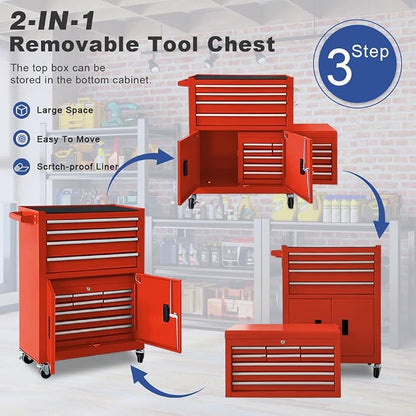 Tool Chest 13-Drawer with Double Door Handle, 2 in 1 Detachable Rolling Tool - Image 6