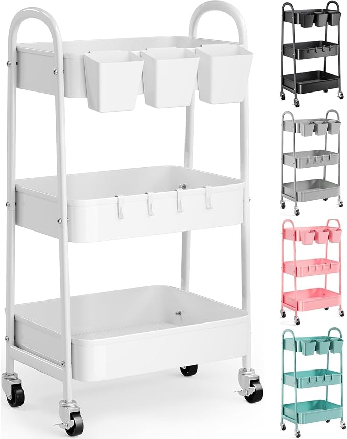 3 Tier Heavy Duty White Metal Rolling Cart by Recximi