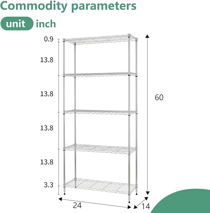 FDW | 5-Tier Wire Shelf | 24" x 14" x 60" | Chrome | Storage Shelves - Image 3