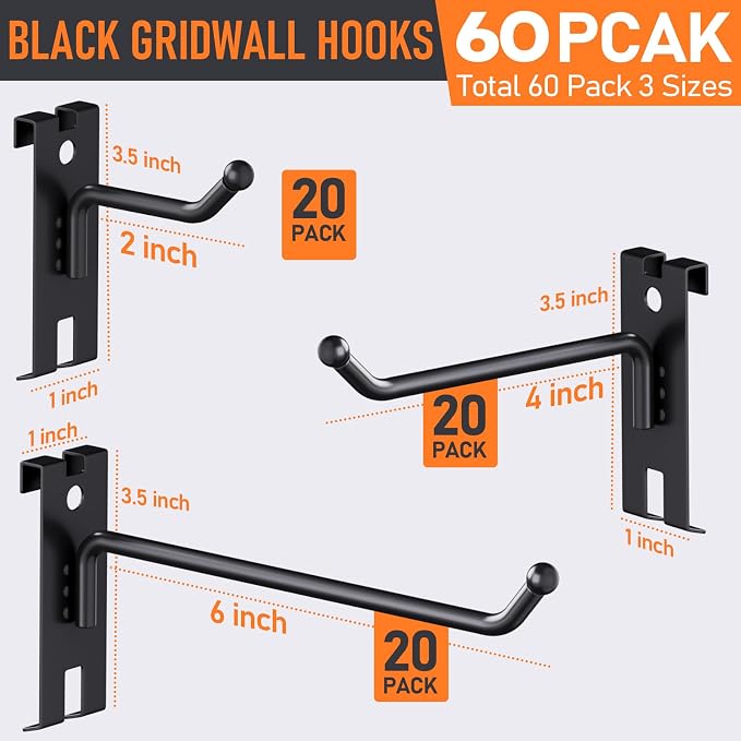 INCLY 2/4/6 Inch Gridwall Hooks, 60 Pack Heavy Duty Black Display Hooks - Image 4