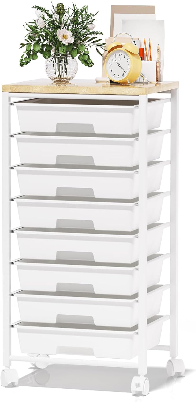 Rolling Cart with 8 Drawers, Storage Drawers Cart with Wooden Tabletop and - Image 9