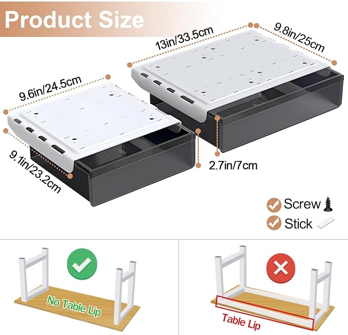 Under Desk Table Drawer Storage Organizer, 2 Pack Large & Medium Slide Out Desk - Image 4