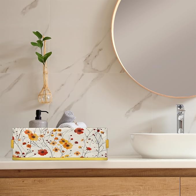 Red Yellow Flowers Bathroom Storage Basket, Foldable - Image 6
