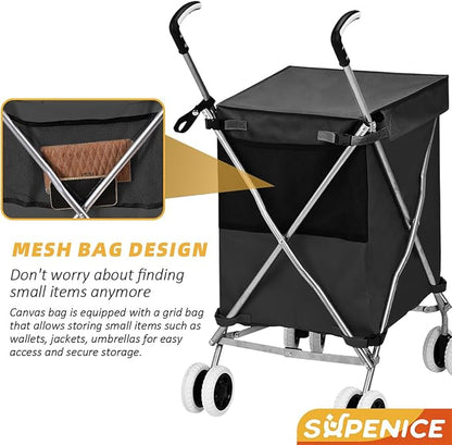 Folding Shopping Cart for Groceries, Water-Resistant Heavy-Duty Canvas Trolley - Image 2