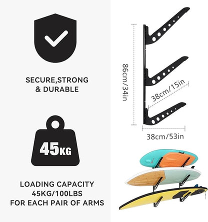 3 Board Surf Rack Wall Mount for Surfboard, Snowboard Storage Adjustable Wall - Image 2