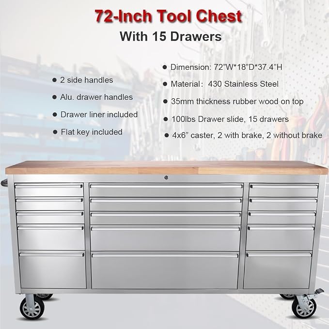 72" Stainless Steel Rolling Tool Chest - Image 4
