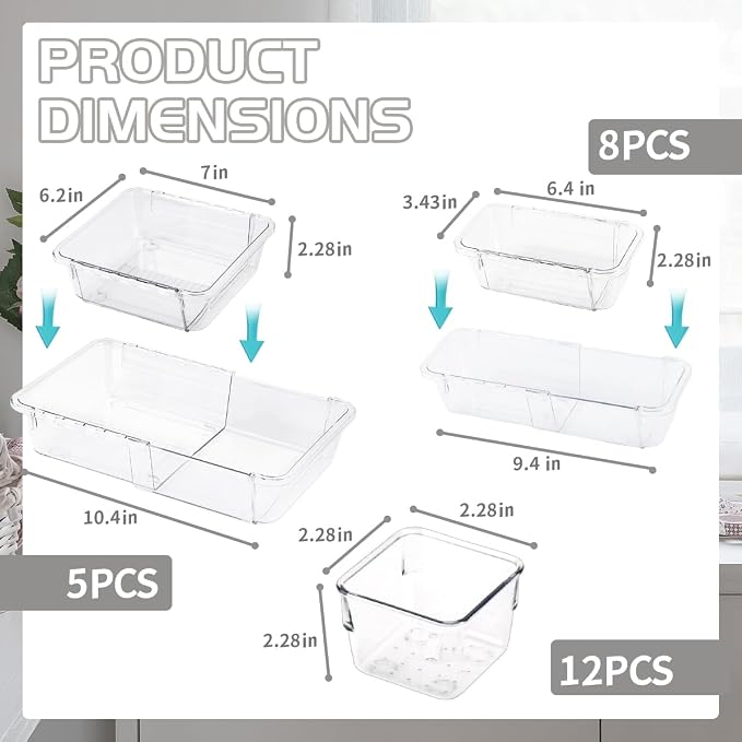 25 PCS Adjustable Desk Drawer Organizer, Acrylic Clear Drawer Organizers - Image 2