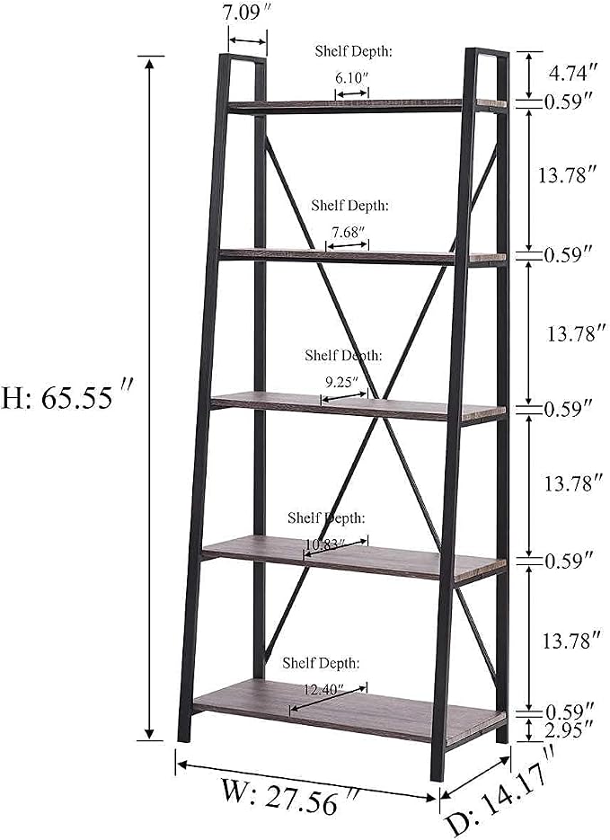 BON AUGURE 5-Tier Ladder Shelf, Industrial Leaning Bookcase, Wood and Metal - Image 3
