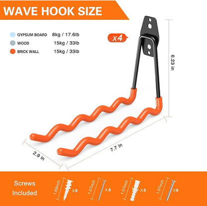 Heavy Duty Garage Hooks 4 Pack, 7.7 inch Wave Long Hanger, Wall Mounted Storage - Image 3