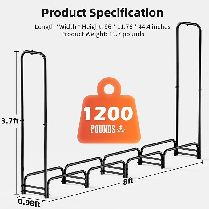 8FT Firewood Rack with Cover Outdoor, Heavy Duty Wood Storage Rack with 600D - Image 7