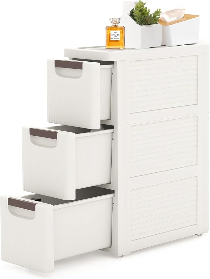 3 Drawers Slim Bathroom Storage Cabinet Dresser, Narrow Plastic Rolling Cart by YABORAS