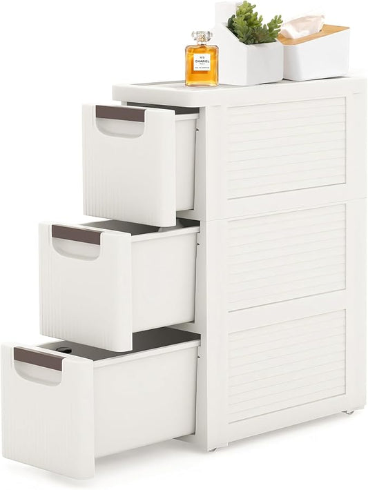 3 Drawers Slim Bathroom Storage Cabinet Dresser, Narrow Plastic Rolling Cart by YABORAS