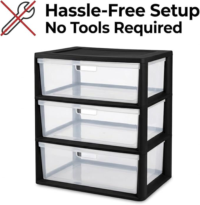Wide 3-Drawer Plastic Storage Tower Organizer, 25.25" High, Drawer Stops & - Image 8