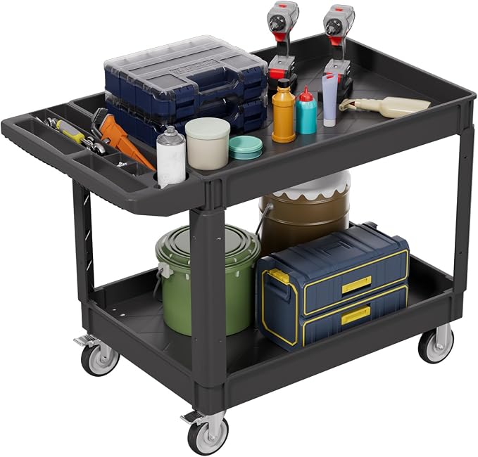 2 Tier Plastic Rolling Utility Cart on Wheels, Heavy Duty Tool Cart by Bettertoolsforbetterlife