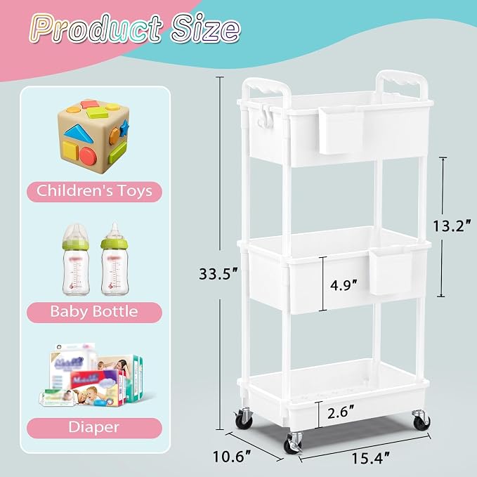 SUNALLY Baby Diaper Caddy Cart, 3 Tier Rolling Diaper Cart - Image 2