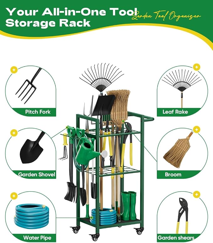 Garden Tool Organizer with Wheels, Heavy Duty 3 Tier Metal Yard Tool Storage - Image 5