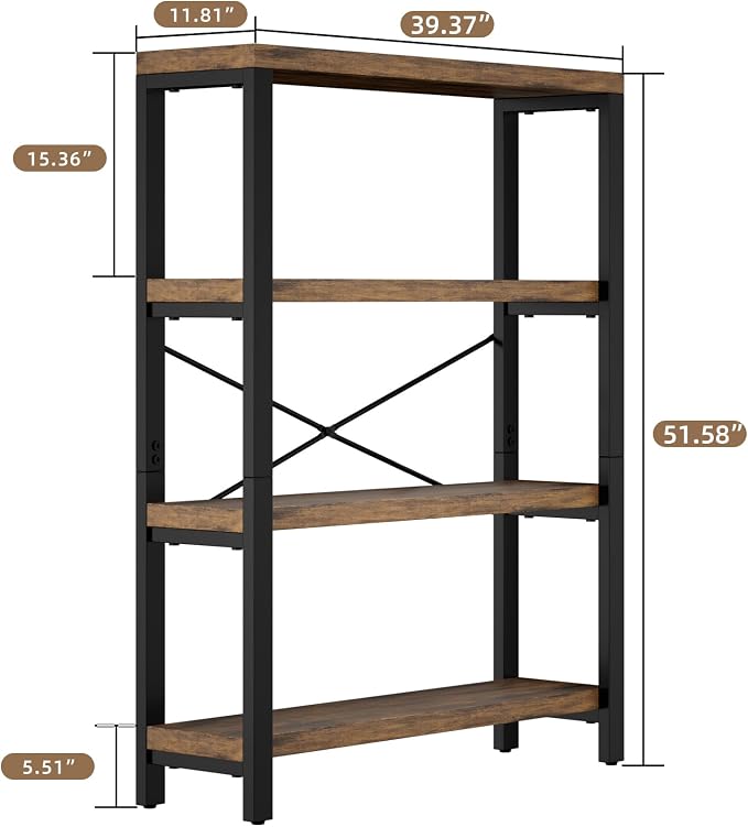 4-Tier 39.37" Wide Heavy Duty Bookshelf, Industrial Wood and Metal Bookshelf - Image 2