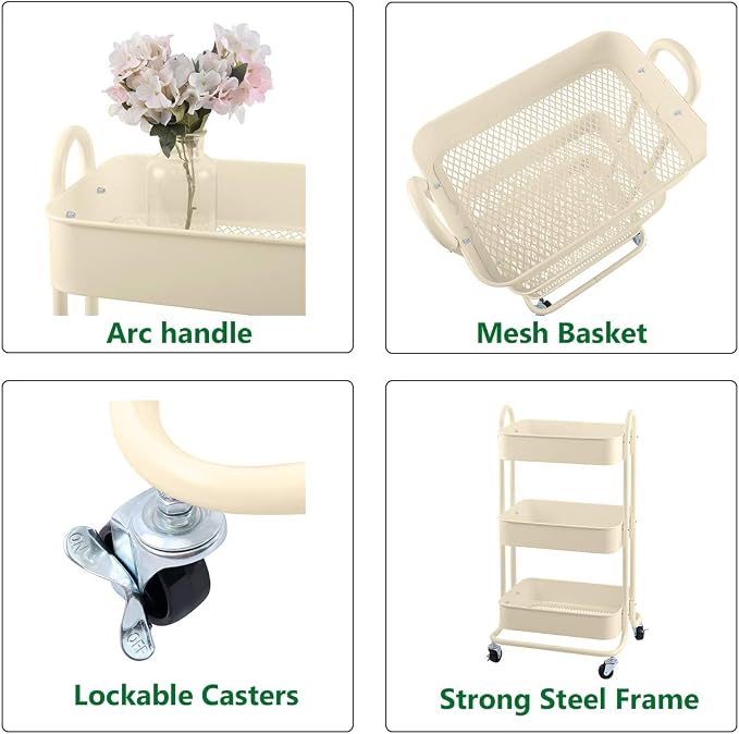 Melody House 3-Tier Metal Mesh Utility Rolling Cart Storage Organization Cart - Image 5