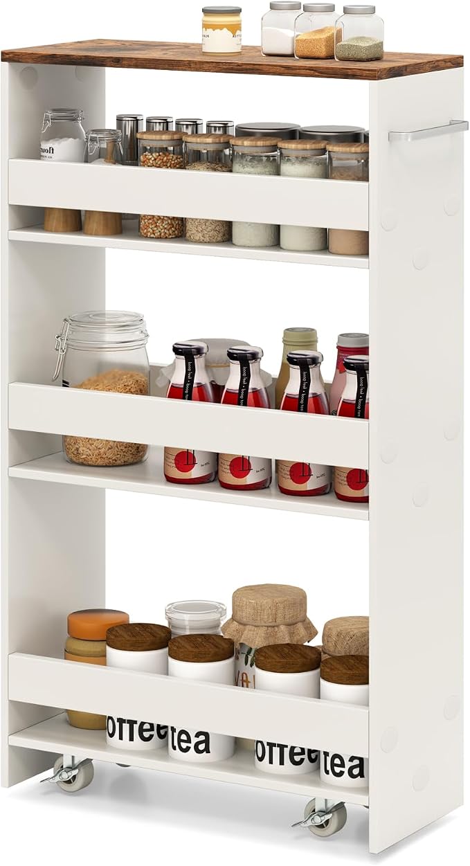 Slim Rolling Storage Cart, 4 Tier Narrow Kitchen Cart by SILKYDRY