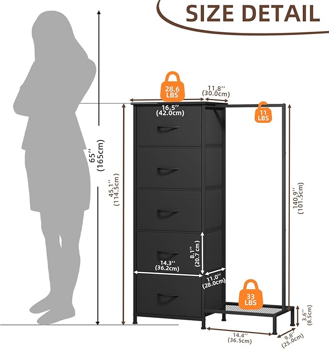 Somdot Dresser with Hanging Rack, 5 Drawers Small Closet - Image 3