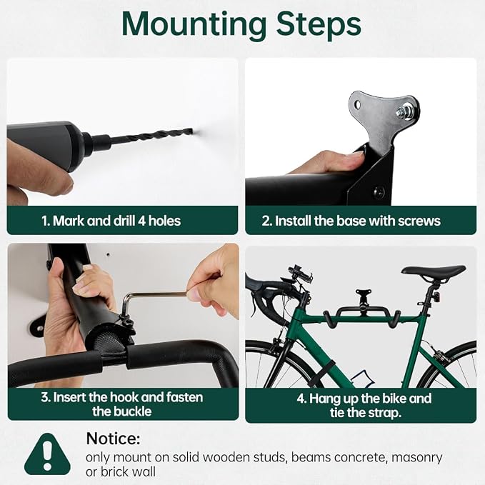 Black Bike Wall Mount Hanger Adjustable Space Saving Horizontal Bicycle Rack - Image 6