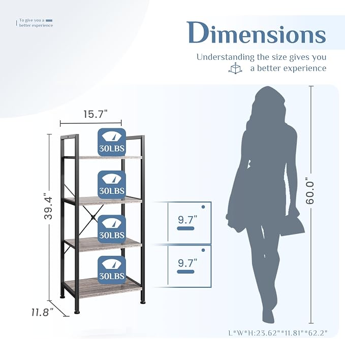 DUMOS 4 Tiers Open Bookshelf, Classic Freestanding Tall Display Shelf, Sturdy - Image 3