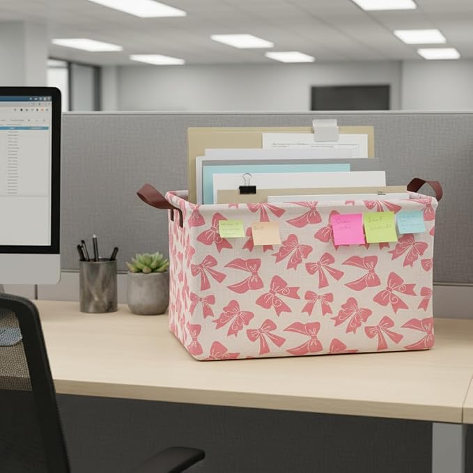 Pink Bow Storage Basket Waterproof Canvas Toy Storage Bin Bow Room Decor - Image 7