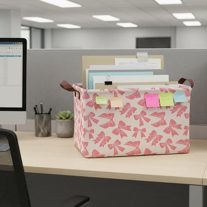 Pink Bow Storage Basket Waterproof Canvas Toy Storage Bin Bow Room Decor - Image 7