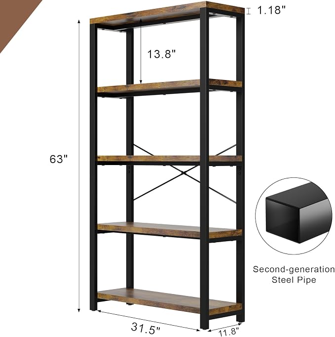 5-Tier Adjustable Heavy Duty Bookshelf, Industrial Wooden Open Storage Rack - Image 2