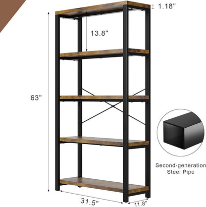 5-Tier Adjustable Heavy Duty Bookshelf, Industrial Wooden Open Storage Rack - Image 2