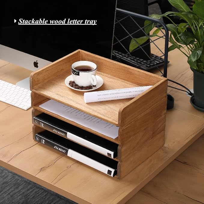 Wood Stackable Paper Trays for Office Supplies and Accessories - Image 7