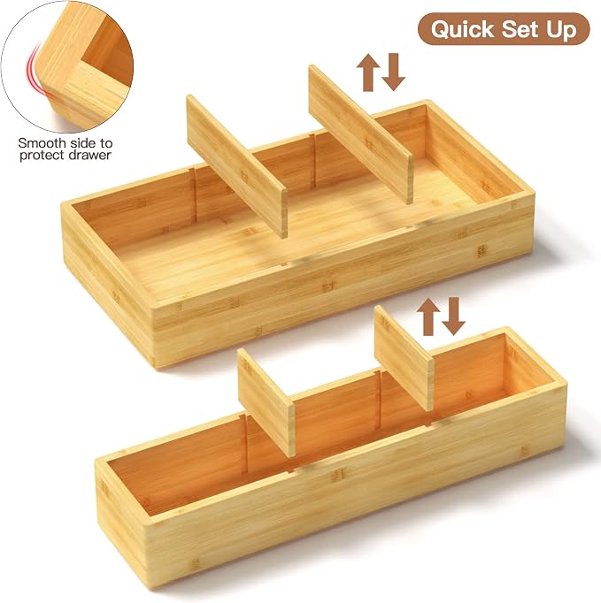 DUJEN 5 pieces Bamboo Drawer Organizer, Adjustable 3 Individual Junk Drawer - Image 4