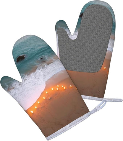 Romantic Beach Print Oven Mitts Set of 2, Heat Resistant Silicone Oven Mittens - Image 3