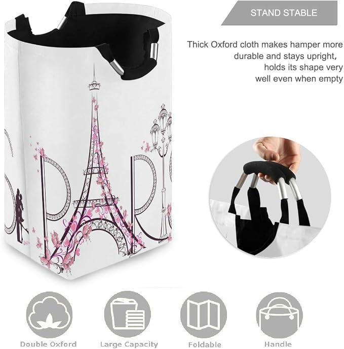 Tower Eiffel With Paris Lettering Large Laundry Hamper with Handle Foldable - Image 3