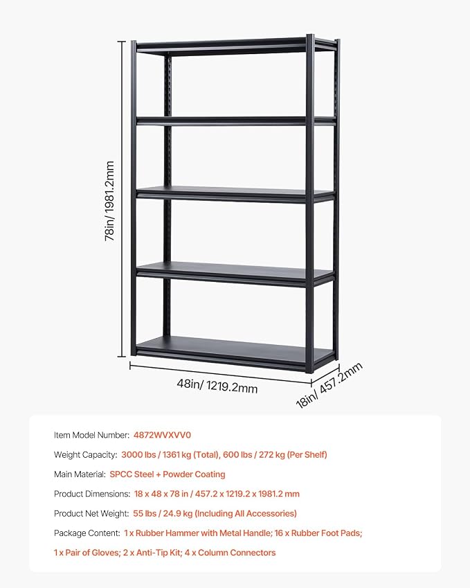 VEVOR Storage Shelves, 3000 lbs, 5 Tier Garage Storage Shelving - Image 8