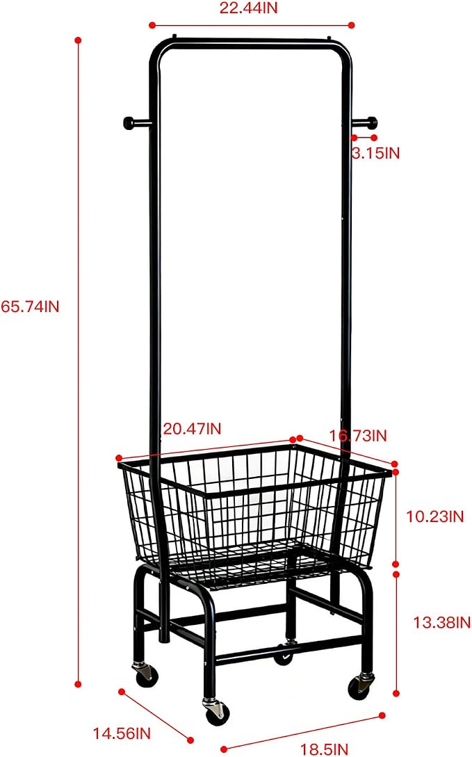 Rolling Laundry Cart with Hanging Rack Metal Laundry Basket with Wheels Laundry - Image 2