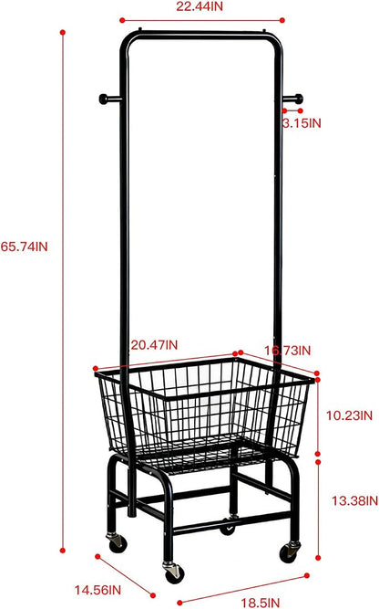 Rolling Laundry Cart with Hanging Rack Metal Laundry Basket with Wheels Laundry - Image 2