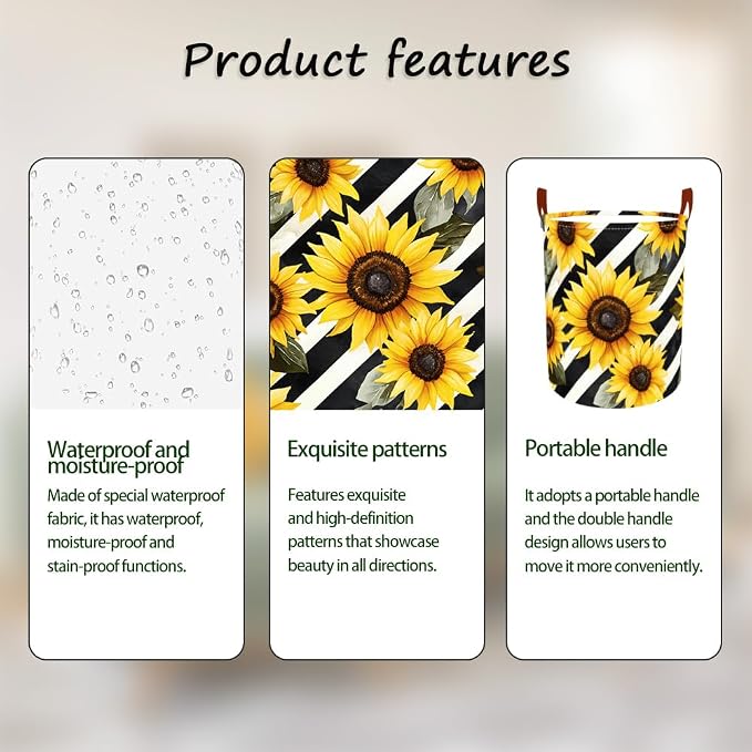 Laundry Baskets 15.7x19.7 Inch Large Sunflower Striped Design Collapsible - Image 2