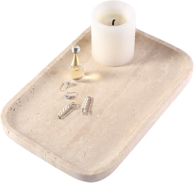 Marble Vanity Tray for Dresser Organizer, Travertine Bathroom Tray Countertop by Karibiber