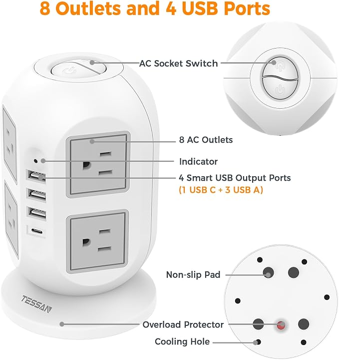 TESSAN Tower Surge Protector Power Strip 10 ft, Long Flat Extension Cord - Image 5