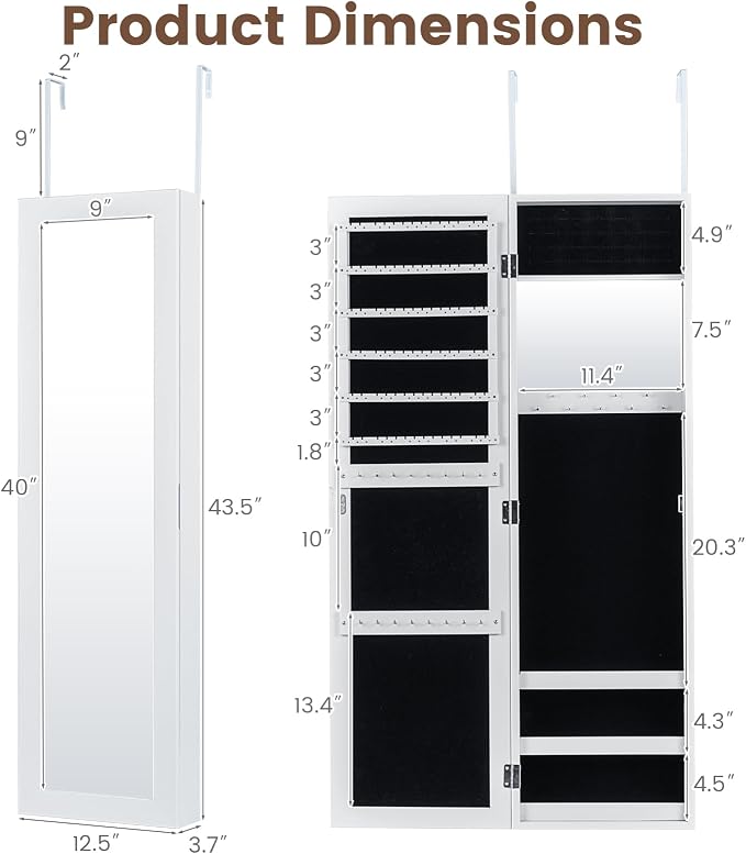 COSTWAY Full Length Mirror Jewelry Cabinet, Wall Door Mounted - Image 7