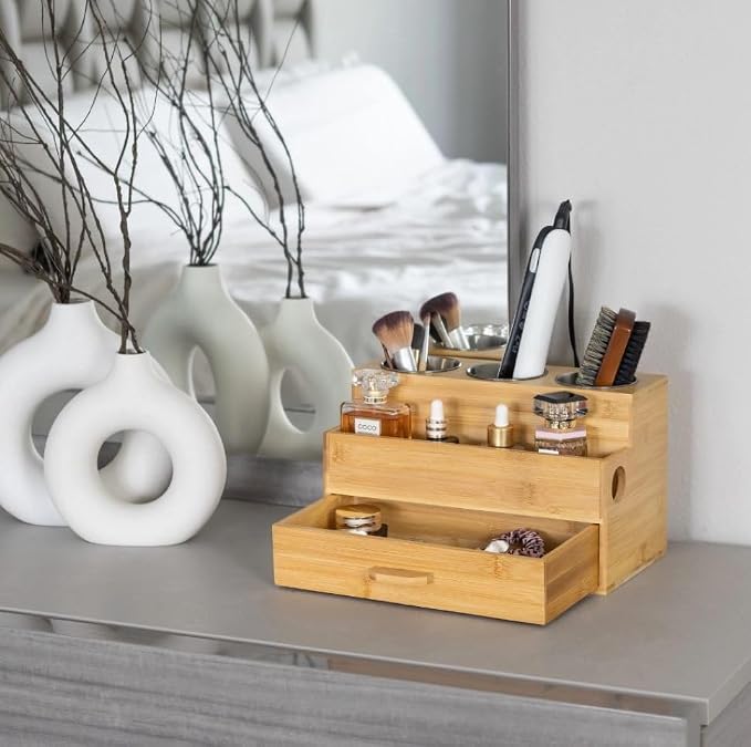 Hair Tool Organizer- Bamboo, Blow Dryer Holder, Bathroom Countertop, Vanity - Image 4