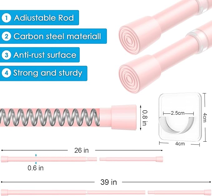 MEXAU 1Pack Spring Tension Curtain Rod 26-39 inch Pink Small Tension Rod | - Image 3