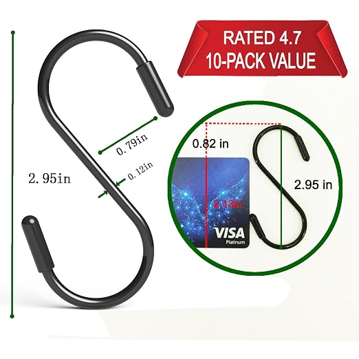 Heavy Duty Metal S-Hooks for Hanging, 3 Inch 10 Pack Vinyl Coated S Hooks for - Image 2
