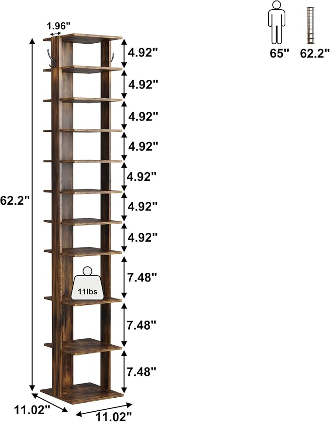 HOMEFORT 10-Tier Vertical Shoe Rack, Corner Shoe Tower, Slim Shoe Organizer - Image 3