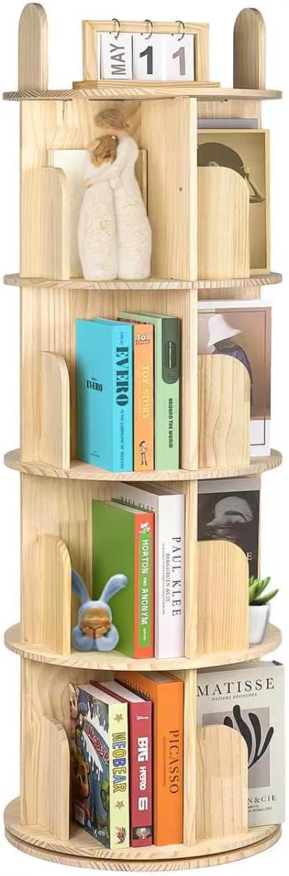 Kryonix 4 Tier Kids Rotating Bookshelf, Spinning Solid Pine Wood Bookcase | by Kryonix