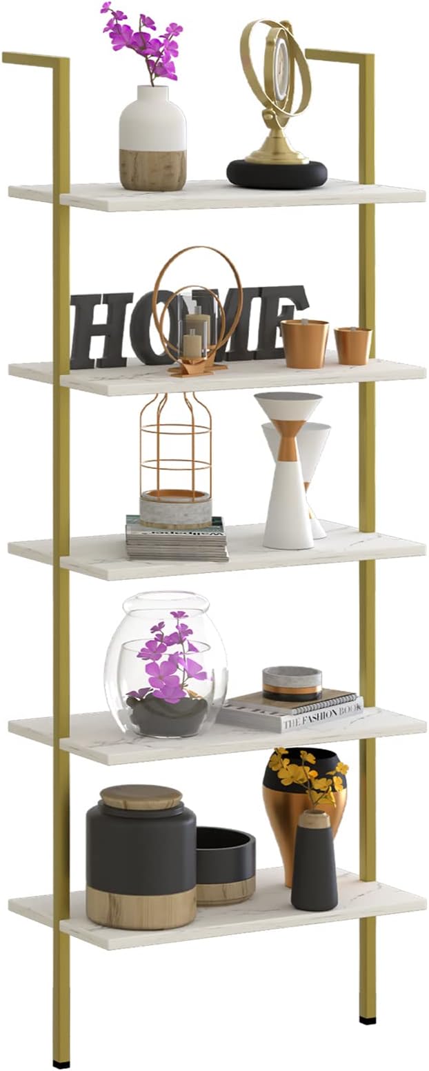 5 Tiers Ladder Shelf White Marble Modern Bookshelf Open Tall Wall Mount by Wolawu