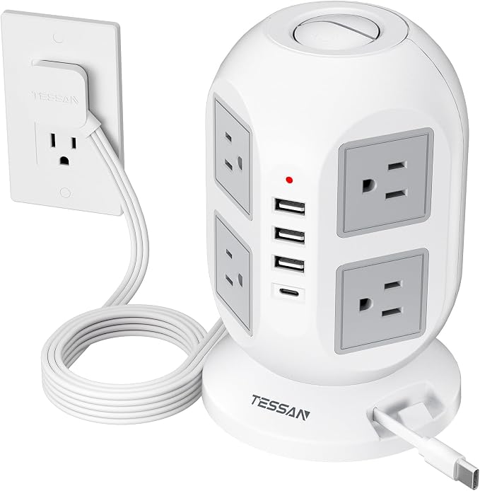 Tower Power Strip Surge Protector 10 Ft, TESSAN Flat Plug Extension Cord by TESSAN