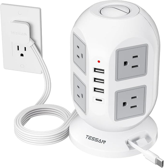 Tower Power Strip Surge Protector 10 Ft, TESSAN Flat Plug Extension Cord by TESSAN